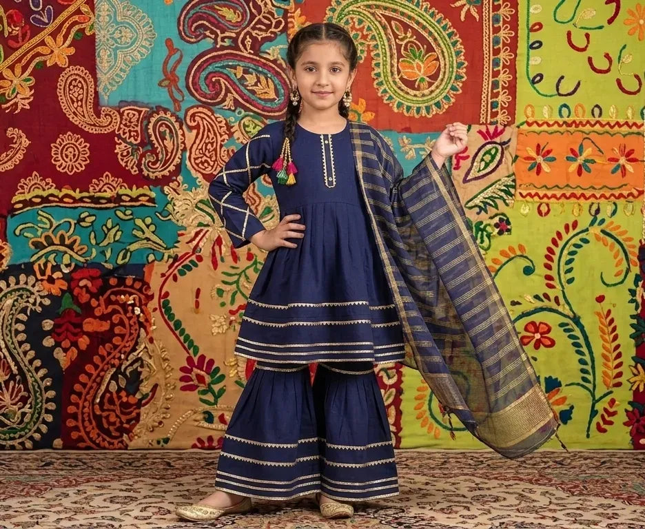 Women's Blue Embroidered Kurta Set with Printed Dupatta