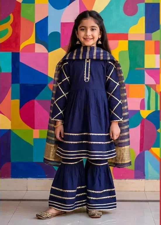 Women's Blue Embroidered Kurta Set with Printed Dupatta